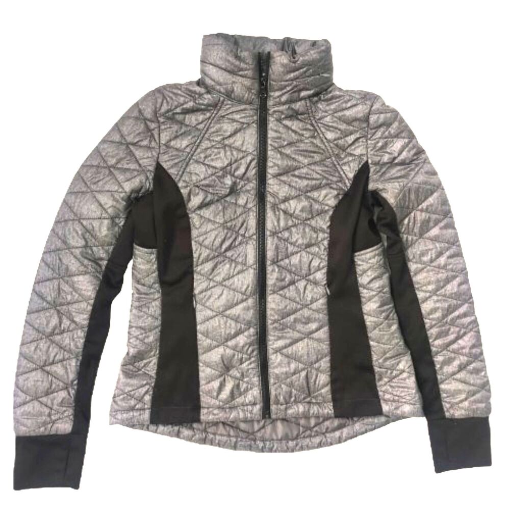 GUESS Women's M Gray Black Quilted Jacket Hidden Hood Full Zip Puffer Coat